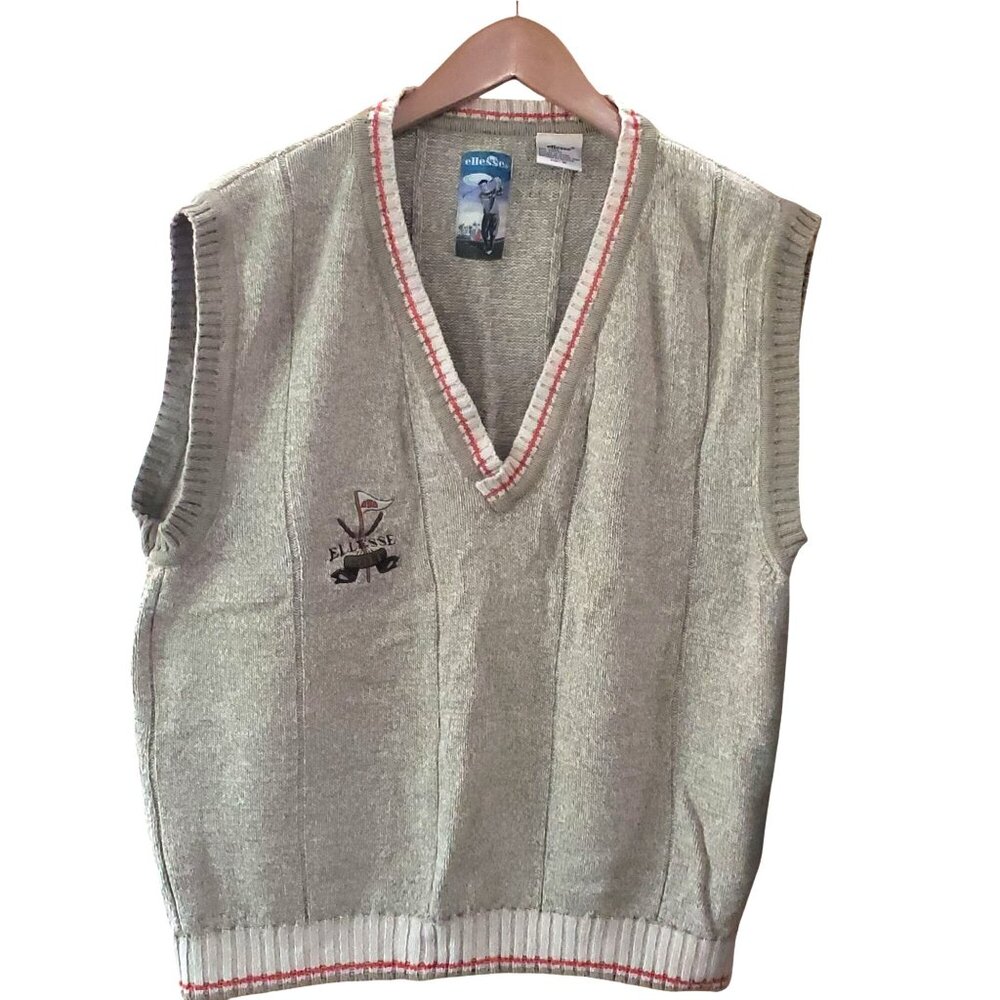 Ready Ellesse Mens V-Neck Sweater Vest M Beige Linen Cotton Golf ~42 inch Chest - Picture 7 of 8